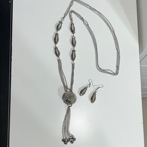 Long Elegant Silver Necklace and Earring Set